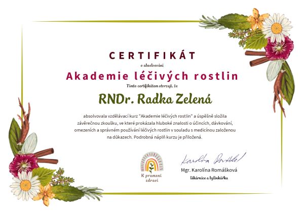 Certifkát Adamie léčivých rostlin